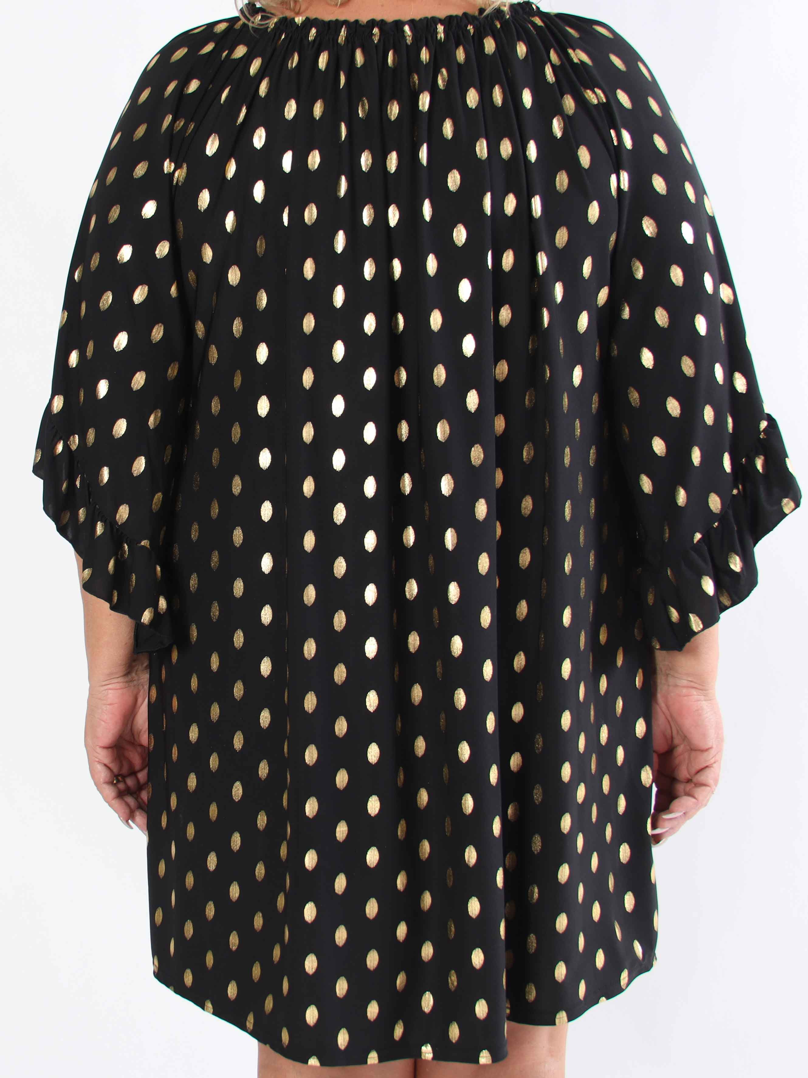 Yasma - Plus size tunikakjole med guld prikker og flæseærmer